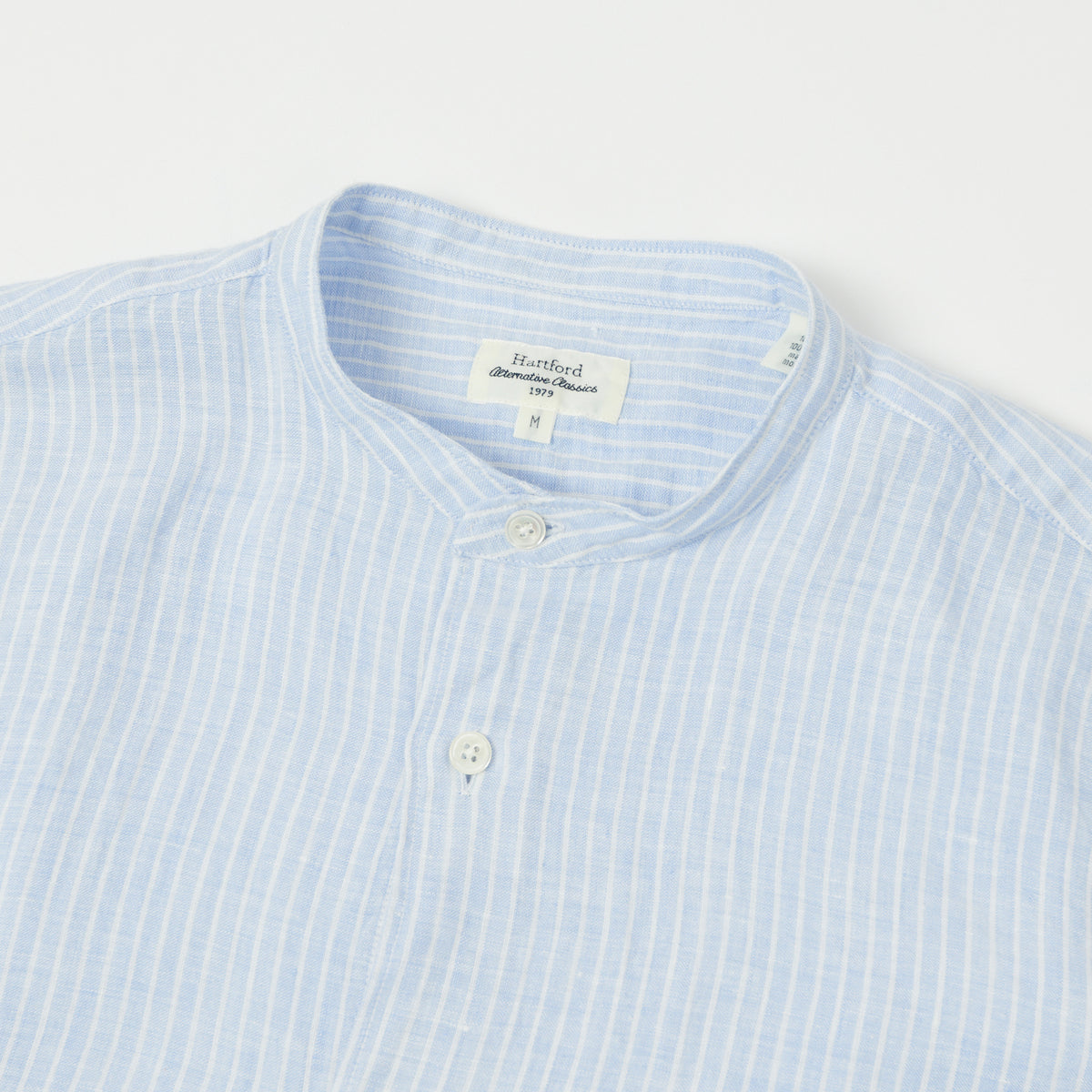 Hartford 'Premium Pat' Grandad-Collar Linen Shirt - Blue Stripe