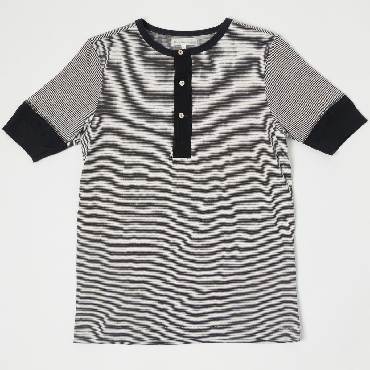 Merz b. Schwanen 'The Originals' 227 Short Sleeve Striped Henley - Charcoal/Nature