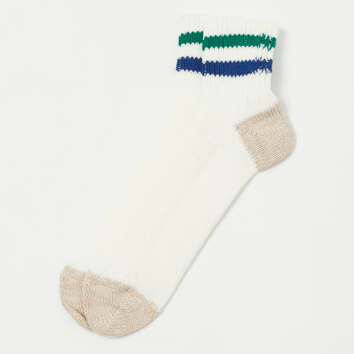 RoToTo Oldschool Ribbed Ankle Sock - White/Green/Dark Blue