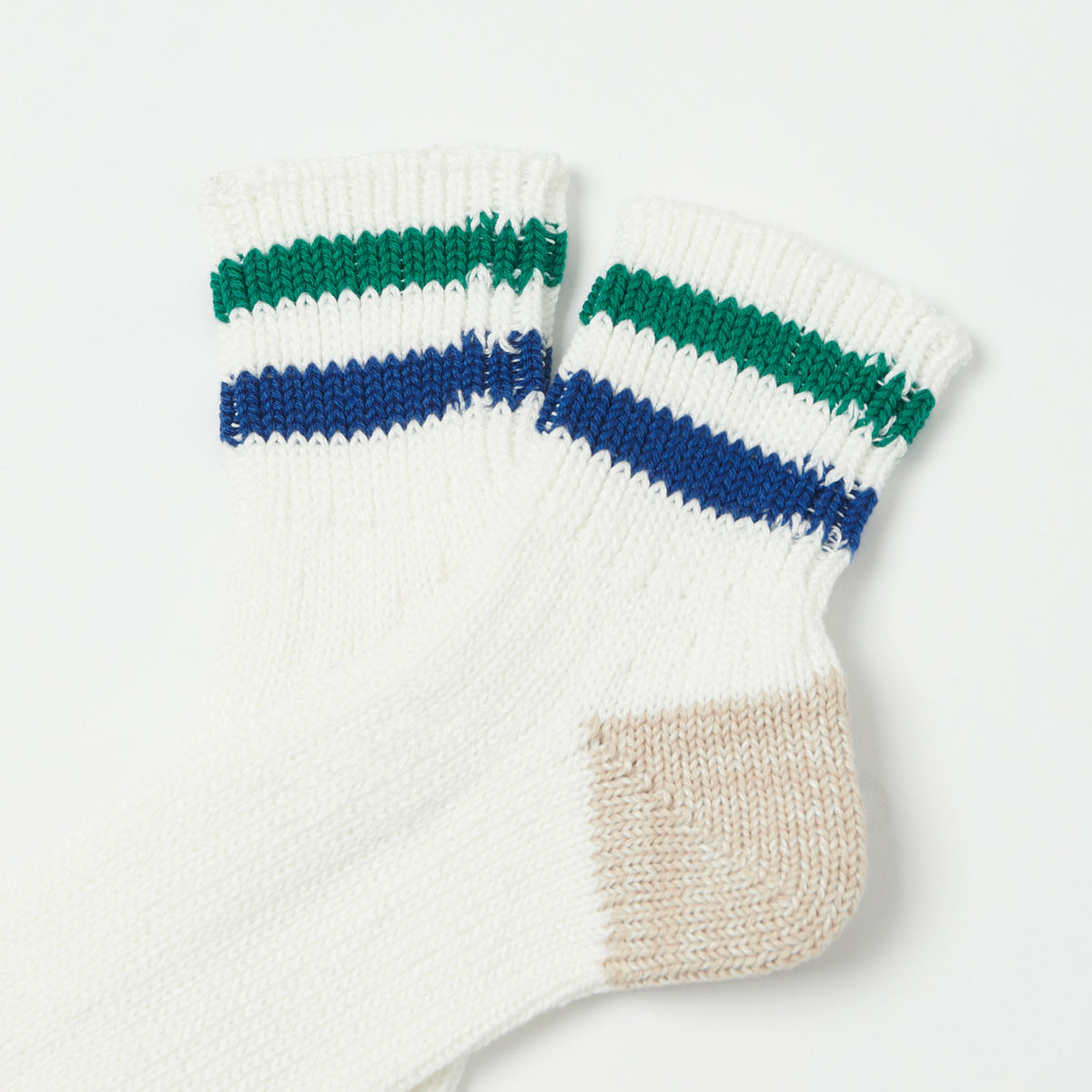 RoToTo Oldschool Ribbed Ankle Sock - White/Green/Dark Blue